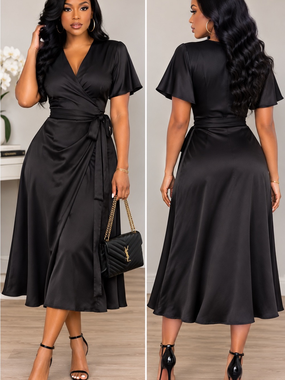 Tacera Black Satin Wrap Midi Dress with Waist Tie